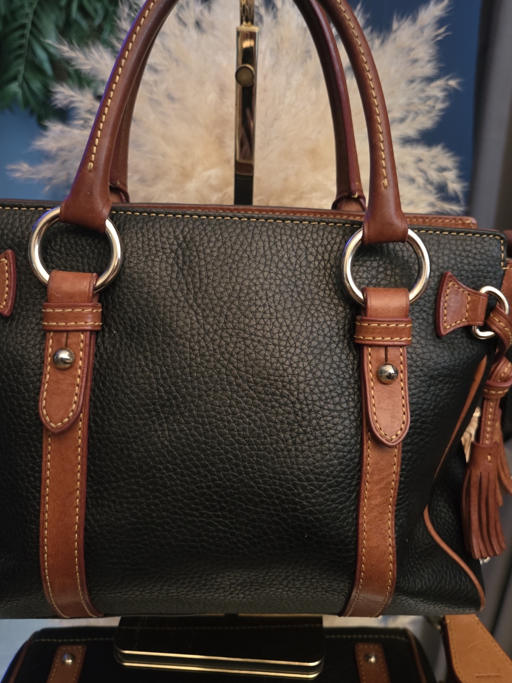 Dooney & Bourke Black Pebble Leather Satchel Crossbody British Tan Trim Tassels - Picture 6 of 17
